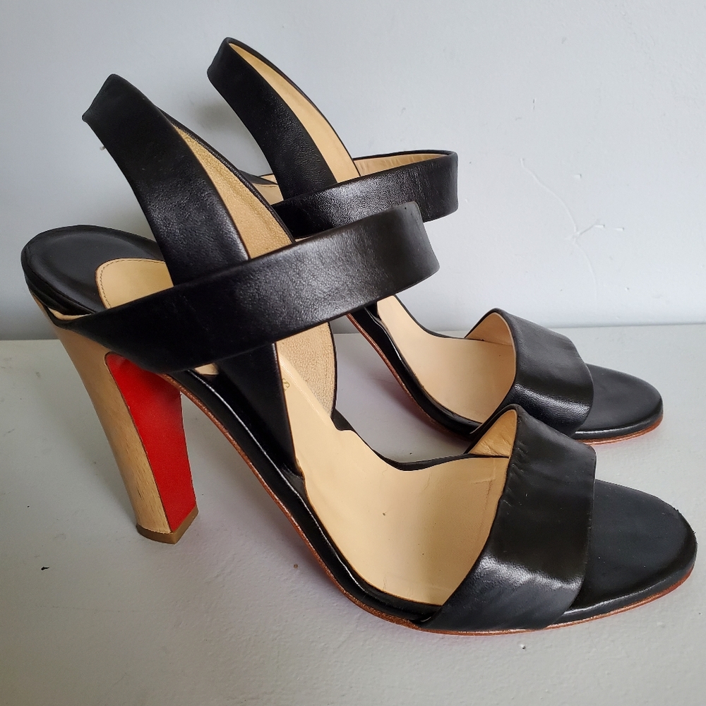 Authentic Christian Louboutin Black Leather Sandals With Wood Heel- EU 39/US 8.5